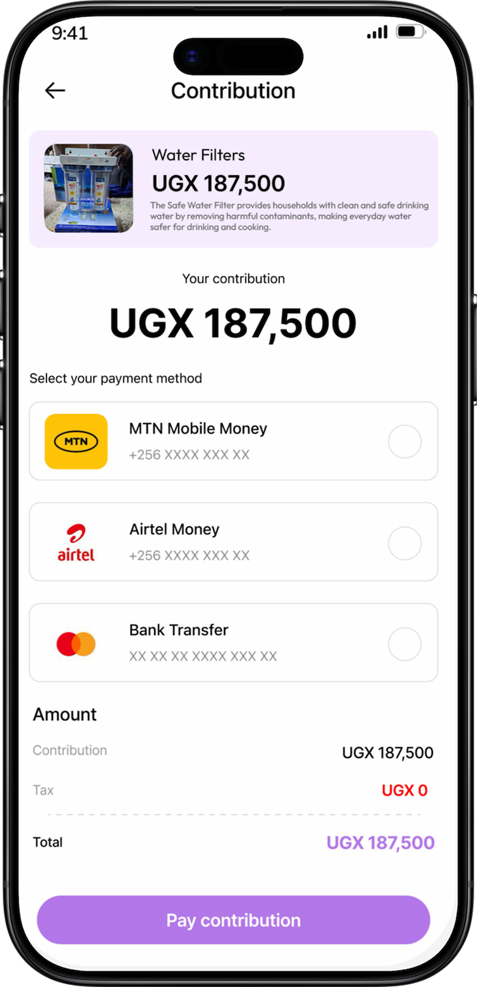 Making a contribution in the SandiLyt app